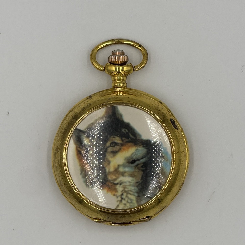 Vintage Gold Tone Wolf Painting Pocket Watch‎ - Untested
